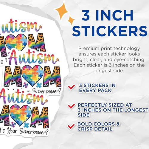 (3 Pack) Autism Mom Decals - Superpower Decal - Laptop Decal - 3 Inches On Longest Side - Easy Peel & Apply - Made in USA - 3MCS0060