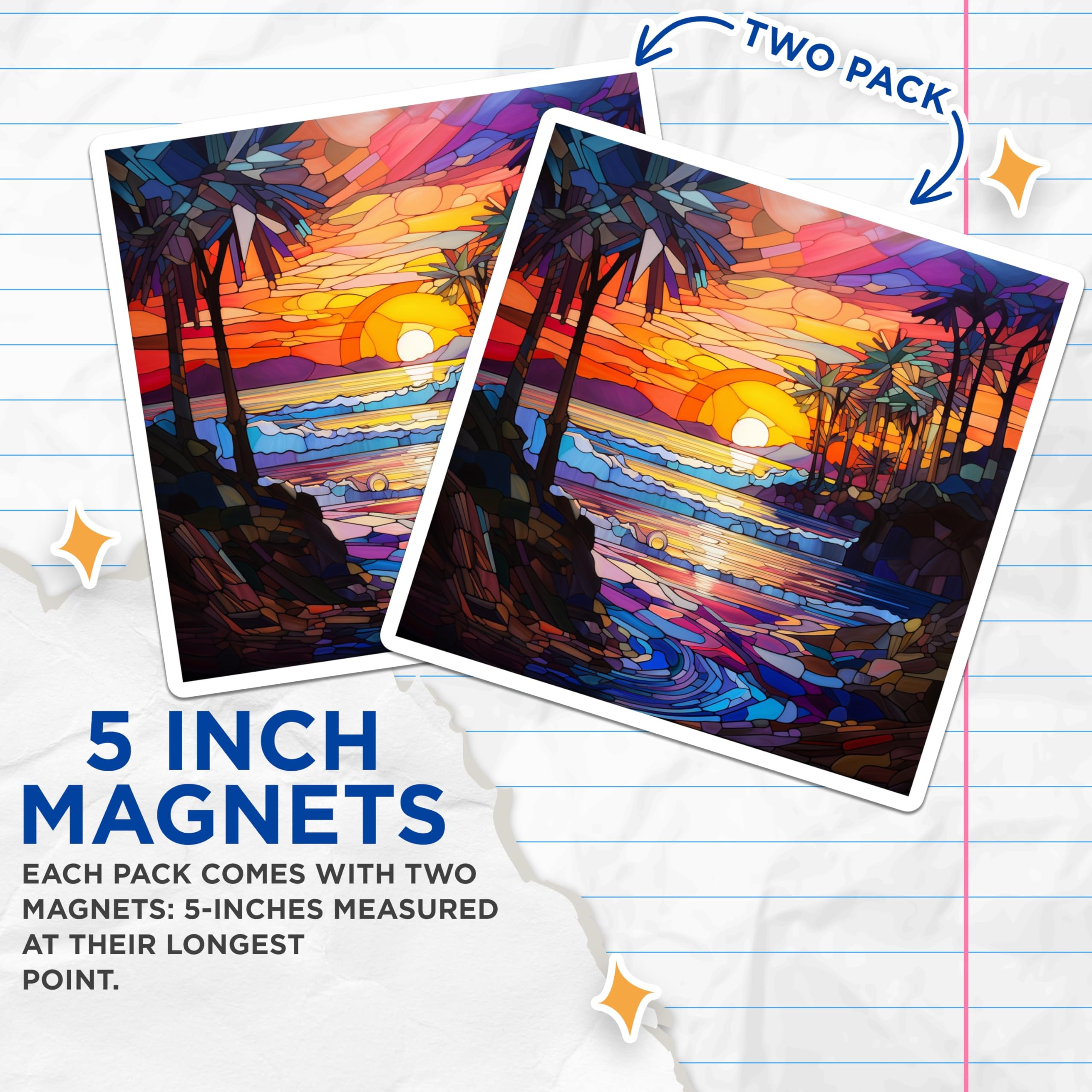 (2 Pack) Stained Glass Sunset Magnets - Tropical Beach Decor - Vibrant Ocean Scene - Palm Tree Art - 5 Inches On Longest Side - Thick Durable Magnet - Made in USA - MAG30511