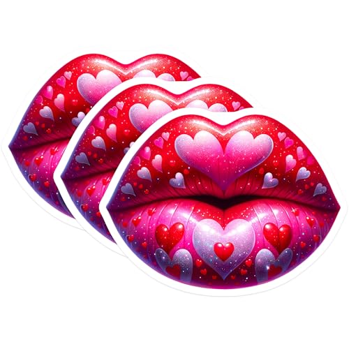 (3 Pack) Lips Heart Decals - Valentines Lips - Love Hearts Stickers - 3 Inches On Longest Side - Easy Peel & Apply - Made in USA - 3MCS2168