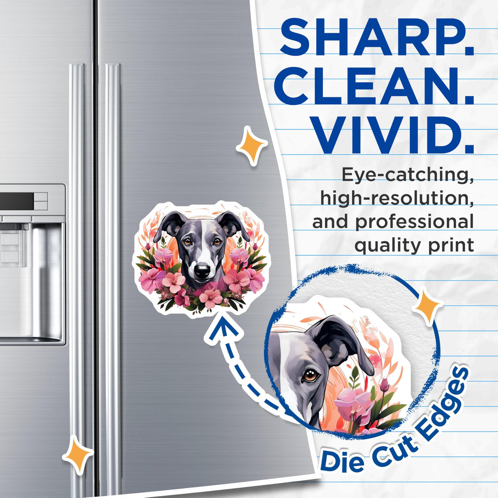 (2 Pack) Whippet Dog Magnets - Floral Pet Portrait - Dog Mom Refrigerator Decor - 5 Inches On Longest Side - Thick Durable Magnet - Made in USA - MAG30764
