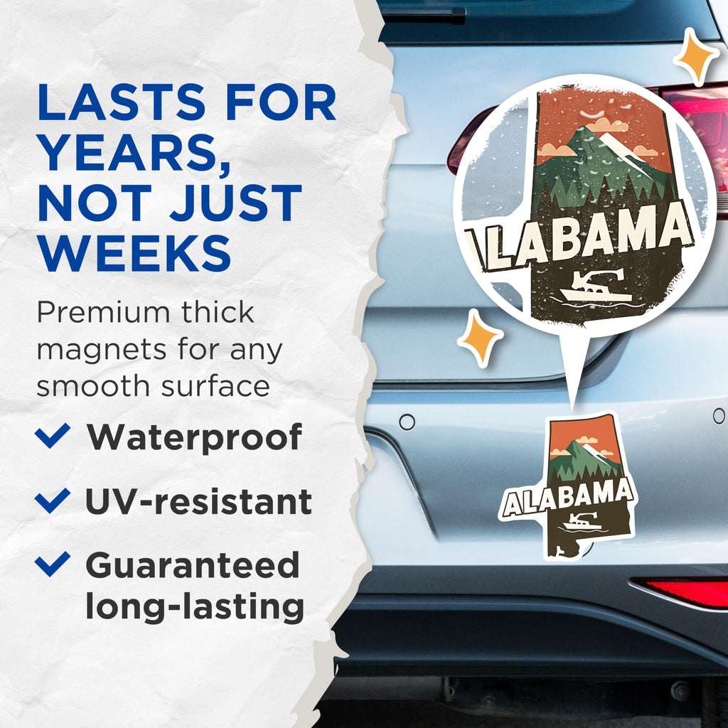 (2 Pack) Alabama Magnets - Souvenir - State Pride - Mountain and Boat Design - 5" On Longest Side - Premium Magnet - for Cars, Refrigerators, Toolboxes, Lockers - Made in USA - MAG18749