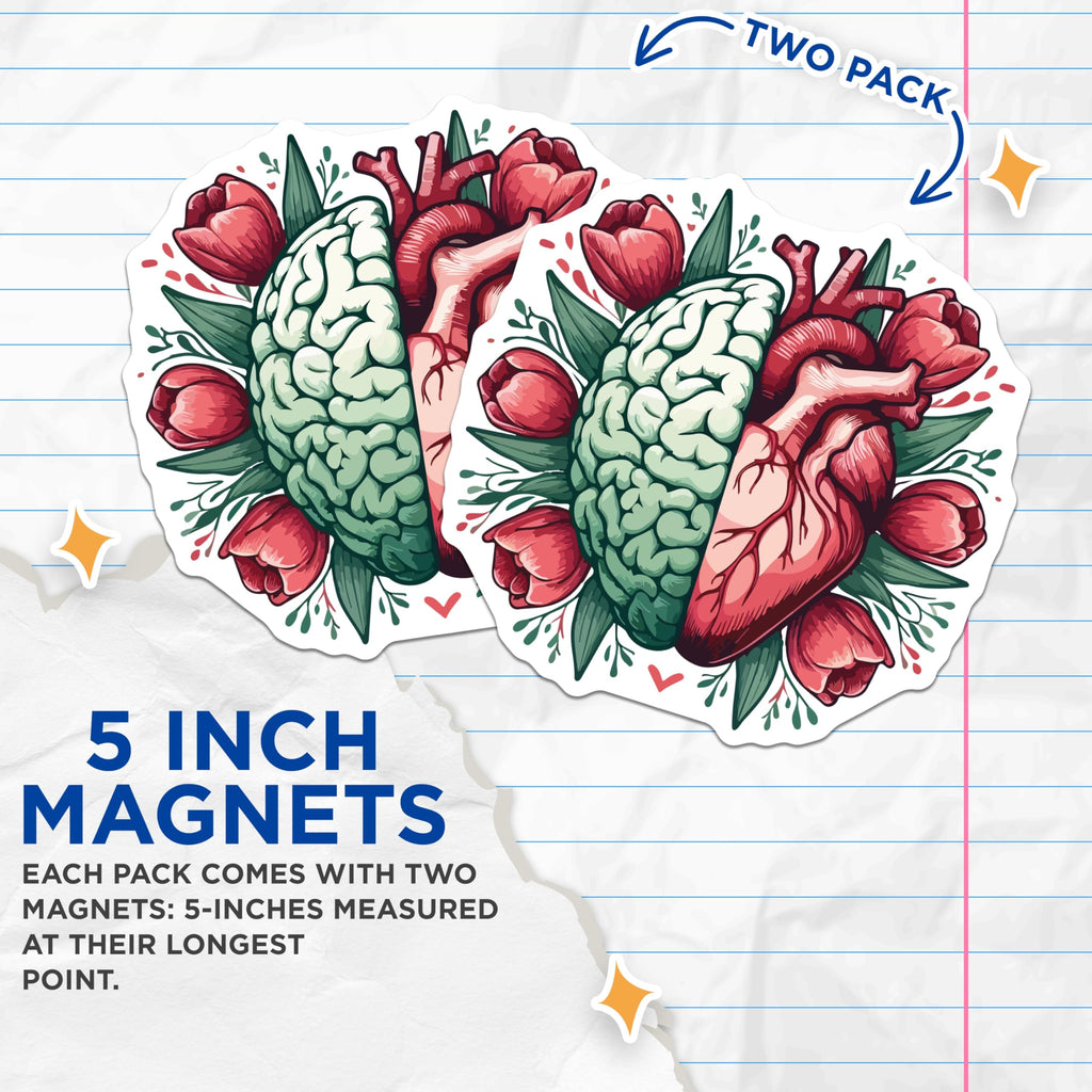 (2 Pack) Brain Heart Magnets - Mind Emotion Harmony Art - Human Anatomy Flora Decor - Conceptual Wellbeing Visual - 5 Inches On Longest Side - Thick Durable Magnet - Made in USA - MAG19773