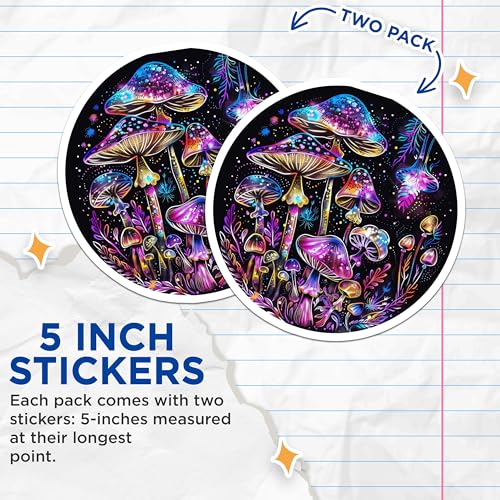 (2 Pack) Vibrant Mushroom Stickers - Psychedelic Art - Glow in The Dark Forest - 5" On Longest Side - Sticks to Smooth Flat Surfaces - Made in USA - BMCS6473