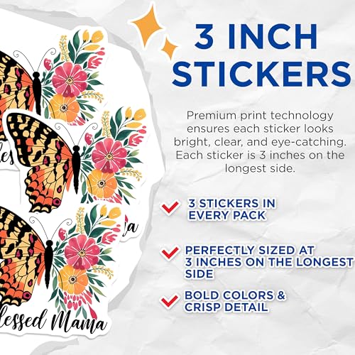 (3 Pack) Butterfly Decals - Blessed Mama Decal - Floral Butterfly Laptop Decals - 3 Inches On Longest Side - Easy Peel & Apply - Made in USA - 3MCS6482