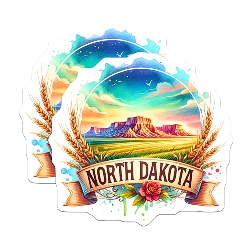 (2 Pack) North Dakota Stickers - Illustrated Scenic Landscape - State Pride - Vibrant Colors - Wanderlust - 5" On Longest Side - Sticks to Smooth Flat Surfaces - Made in USA - BMCS7214