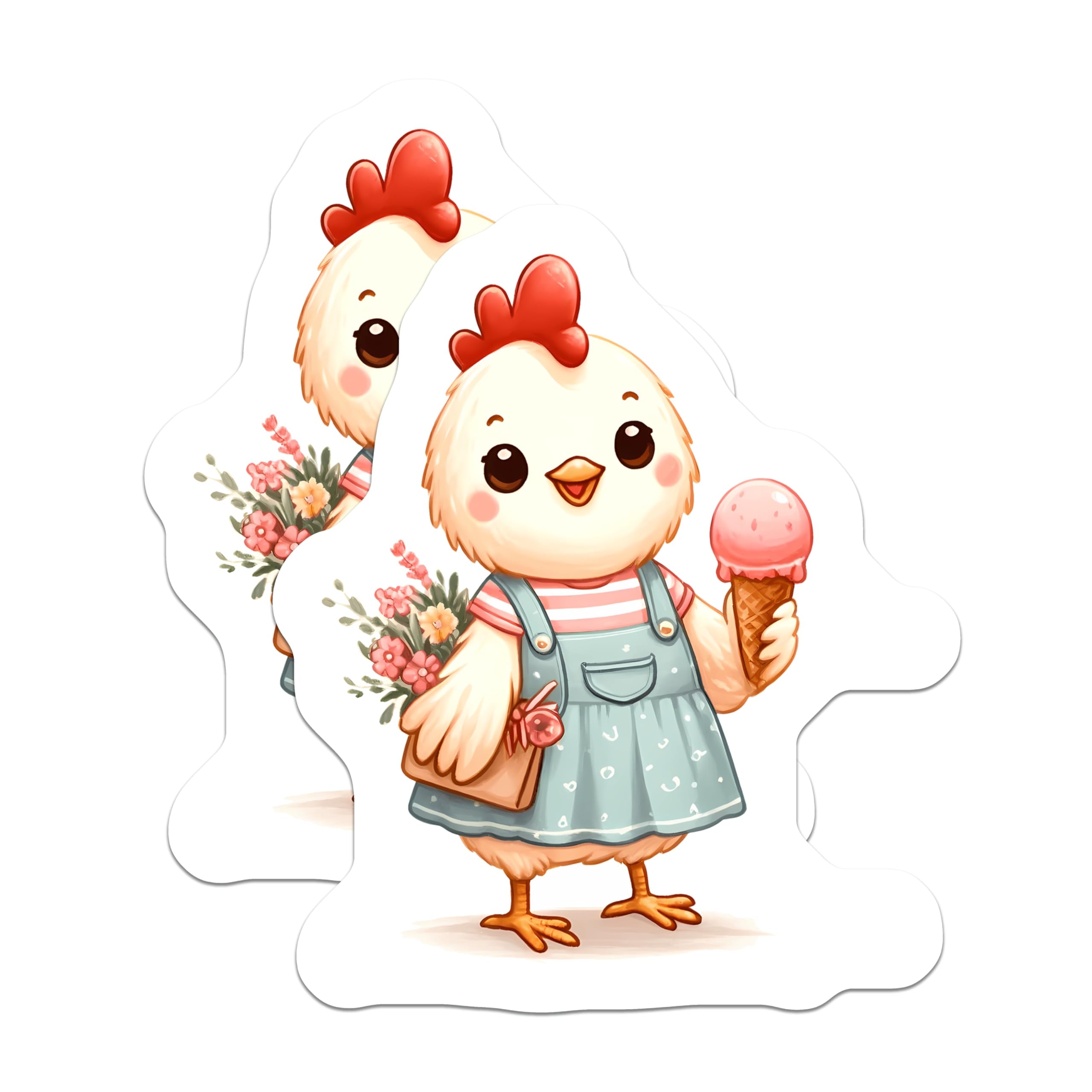 (2 Pack) Kawaii Chicken Magnets - Ice Cream Flowers Decor - Cute Farmhouse Kitchen Art - 5 Inches On Longest Side - Thick Durable Magnet - Made in USA - MAG23123