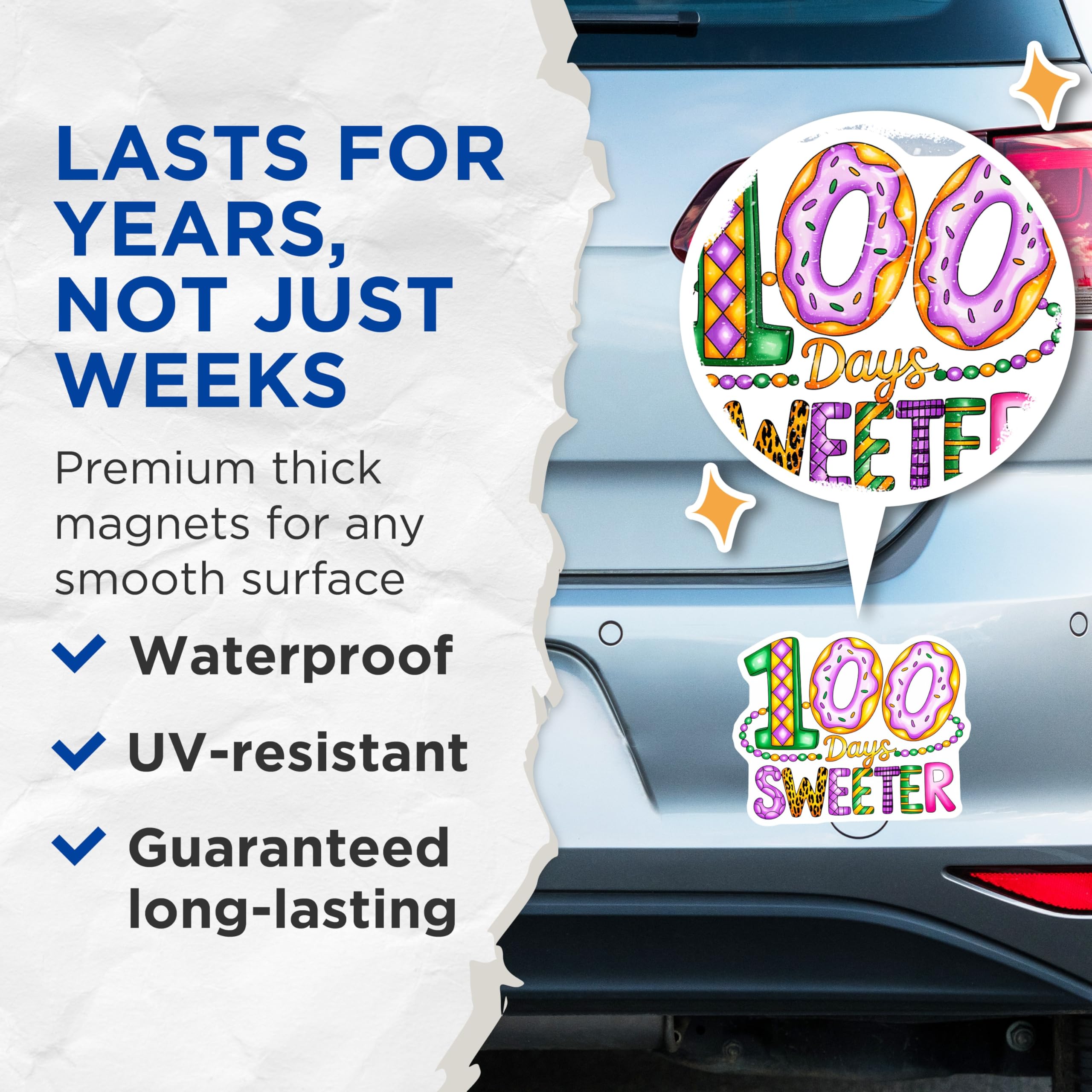 (2 Pack) 100 Days Sweeter Magnets - Teacher Classroom Decor - School Celebration - Donut Mardi Gras Style - 5 Inches On Longest Side - Thick Durable Magnet - Made in USA - MAG29721