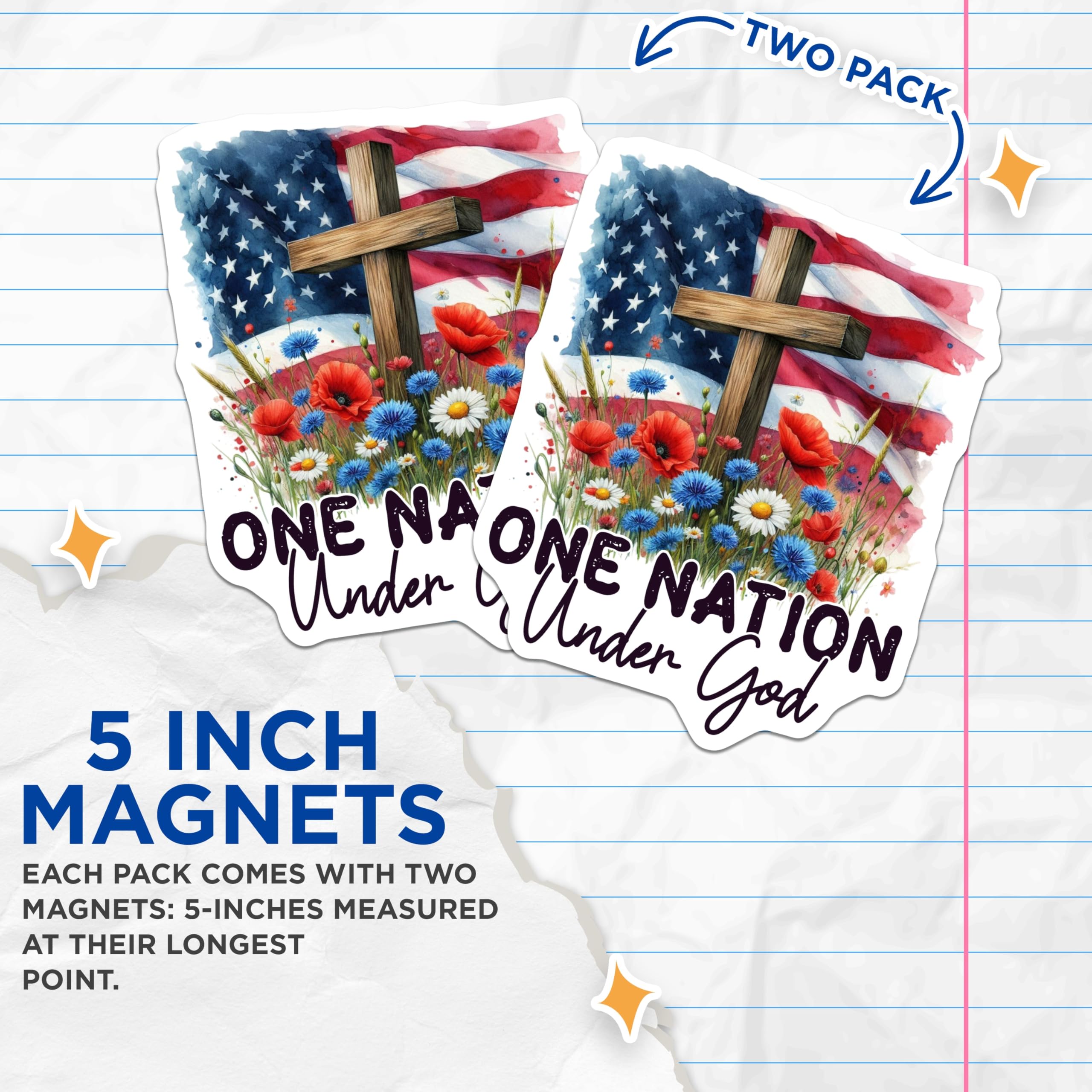 (2 Pack) Christian American Magnets - Patriotic Faith Decor - One Nation Under God Quote - 5 Inches On Longest Side - Thick Durable Magnet - Made in USA - MAG25164