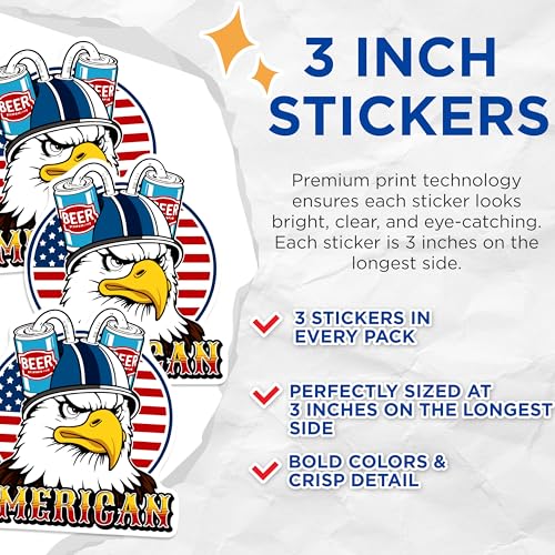 (3 Pack) American Eagle Decals - Beer Helmet Patriot - Patriotic Decal - 3 Inches On Longest Side - Easy Peel & Apply - Made in USA - 3MCS0974