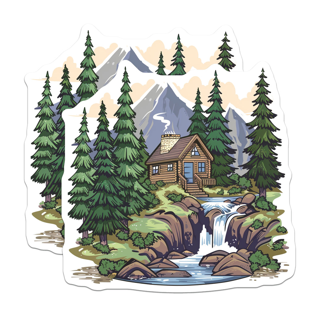 (2 Pack) Log Cabin Magnets - Mountain Forest Waterfall Scene - Rustic Nature Lover Decor - Outdoorsy Home Accessory - 5 Inches On Longest Side - Thick Durable Magnet - Made in USA - MAG36320