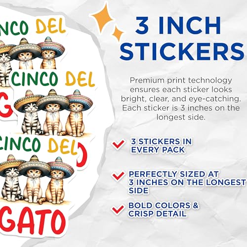 (3 Pack) Cinco de Gato Decals - Funny Cat Fiesta - Sombrero Cats - 3 Inches On Longest Side - Easy Peel & Apply - Made in USA - 3MCS8522
