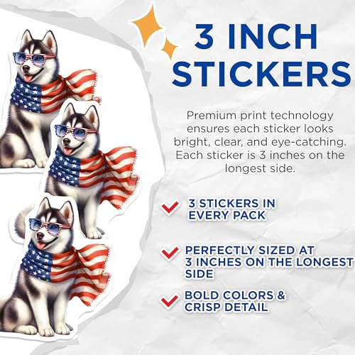 (3 Pack) Husky Decals - Patriotic Dog Stickers - American Flag Decals- 3 Inches On Longest Side - Easy Peel & Apply - Made in USA - 3MCS5626