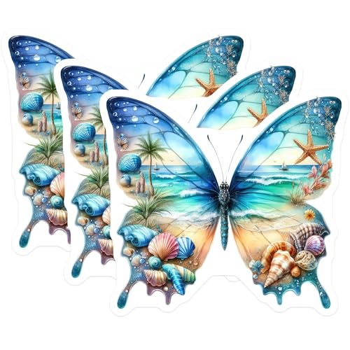 (3 Pack) Butterfly Decals - Beach Scene Decal - Ocean Decal- 3 Inches On Longest Side - Easy Peel & Apply - Made in USA - 3MCS5480