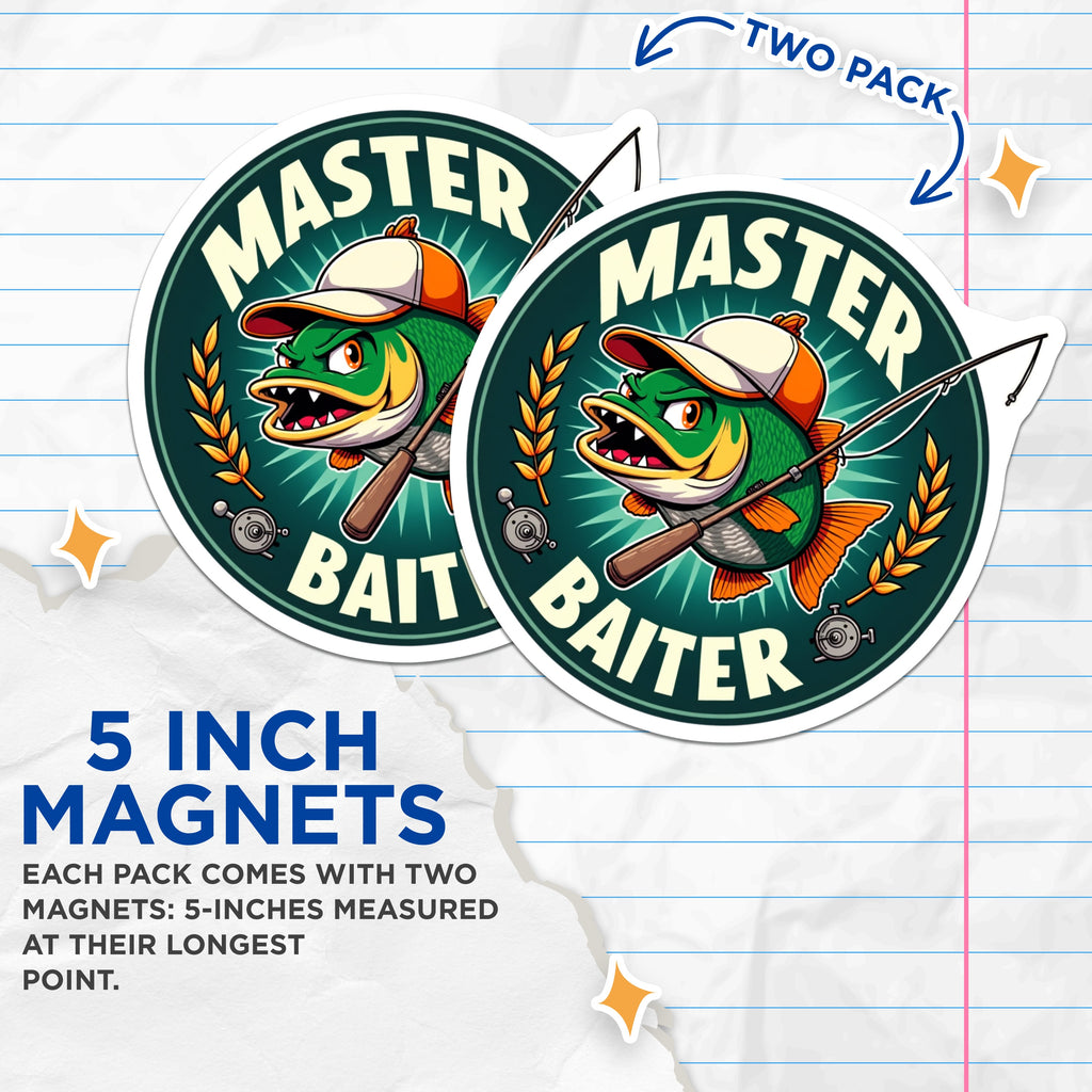 (2 Pack) Master Baiter Magnets - Funny Fishing Humor - Angler Present for Dad Husband Fisherman - 5 Inches On Longest Side - Thick Durable Magnet - Made in USA - MAG38379
