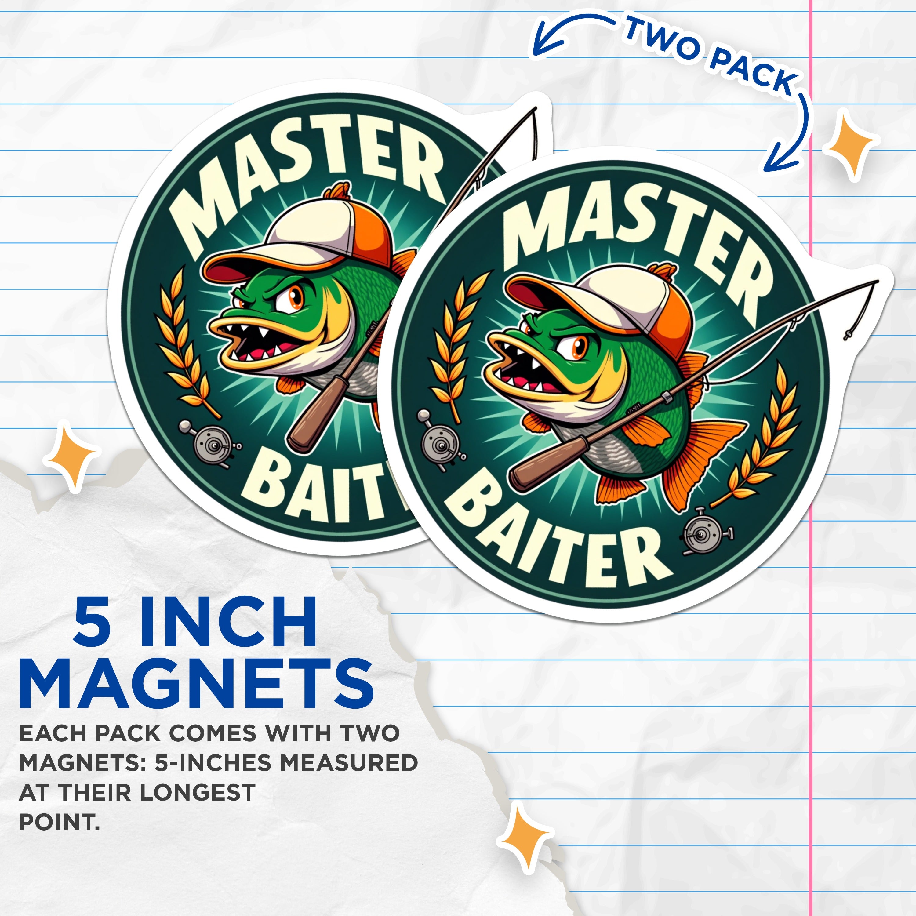 (2 Pack) Master Baiter Magnets - Funny Fishing Humor - Angler Present for Dad Husband Fisherman - 5 Inches On Longest Side - Thick Durable Magnet - Made in USA - MAG38379