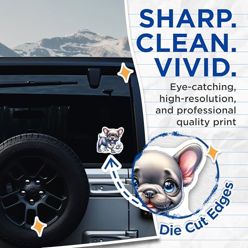 (2 Pack) Cute Puppy Stickers - French Bulldog Art - Floral Dog Lovers Decals - 5" On Longest Side - Sticks to Smooth Flat Surfaces - Made in USA - BMCS9570