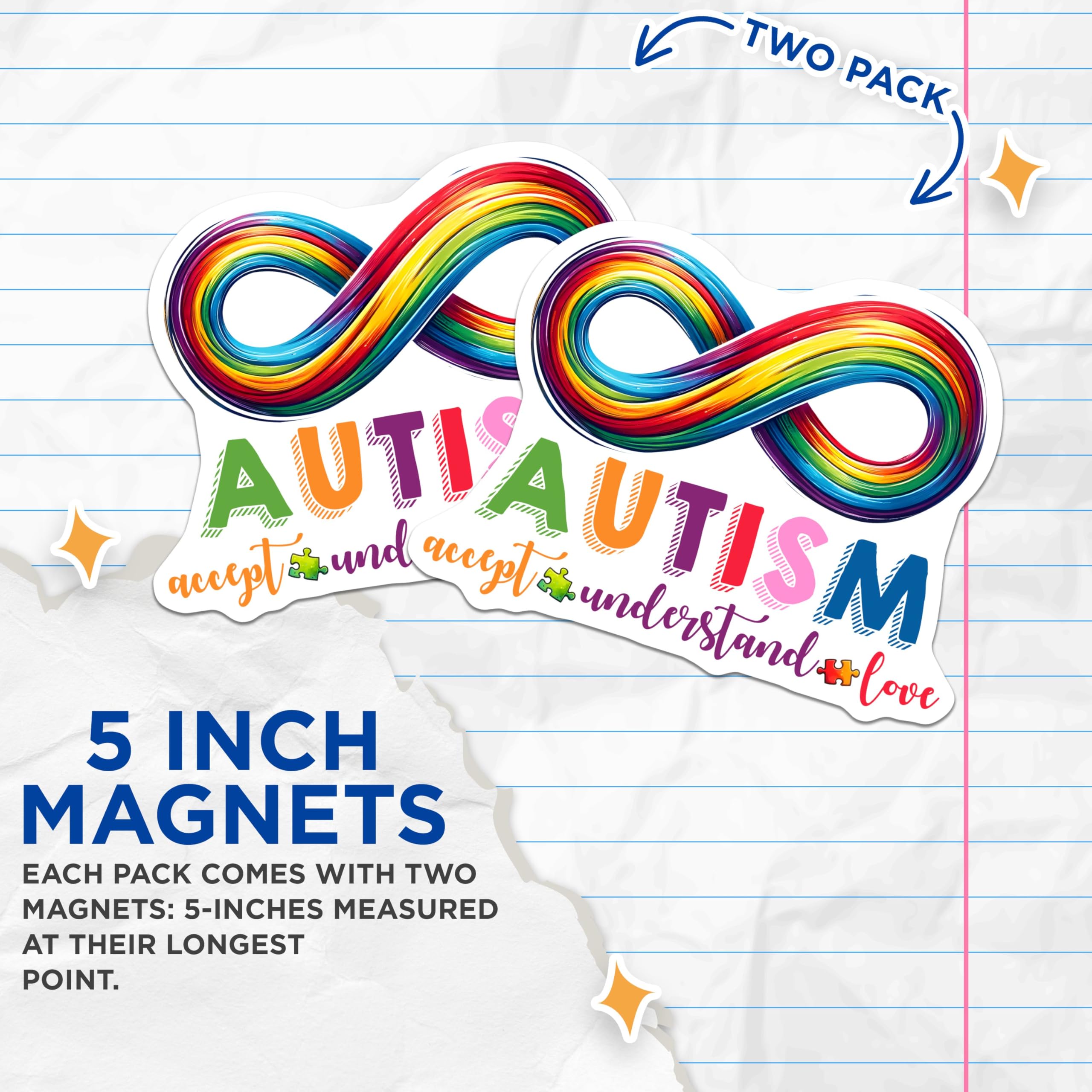 (2 Pack) Autism Awareness Magnets - Accept Understand Love Magnets - Rainbow Infinity Symbol Magnets - 5" On Longest Side - for Cars, Refrigerators, Toolboxes, Lockers - Made in USA BMCS3208