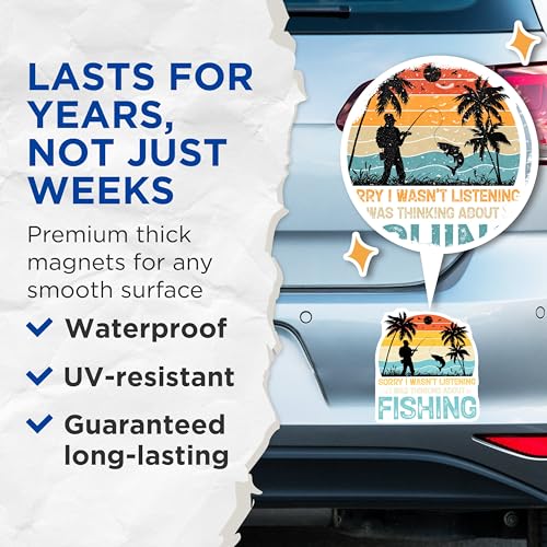 (2 Pack) Sorry I Wasn't Listening Magnets - Fishing Enthusiast - Silhouette Coastal Fishing Scene - 5" On Longest Side - for Cars, Fridges, Toolboxes - Made in USA - MAG4410