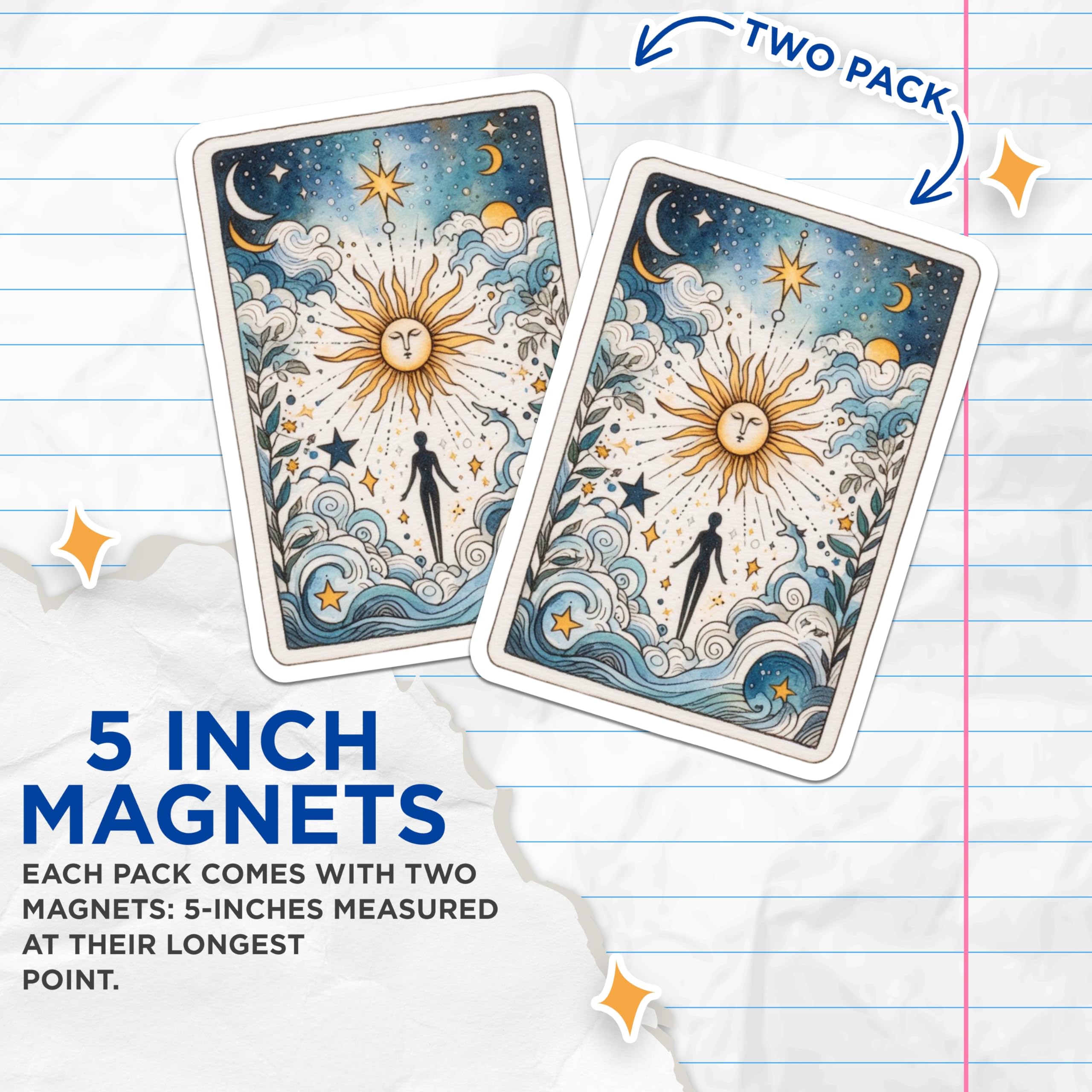 (2 Pack) Tarot Card Magnets - The Sun Card Decor - Celestial Astrology Gifts - 5" On Longest Side - Premium Magnet - for Cars, Refrigerators, Toolboxes, Lockers - Made in USA - MAG14643