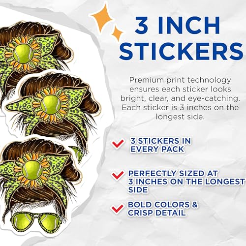 (3 Pack) Tennis Mom Decals - Messy Bun Stickers - Laptop Tennis Decal - 3 Inches On Longest Side - Easy Peel & Apply - Made in USA - 3MCS4965