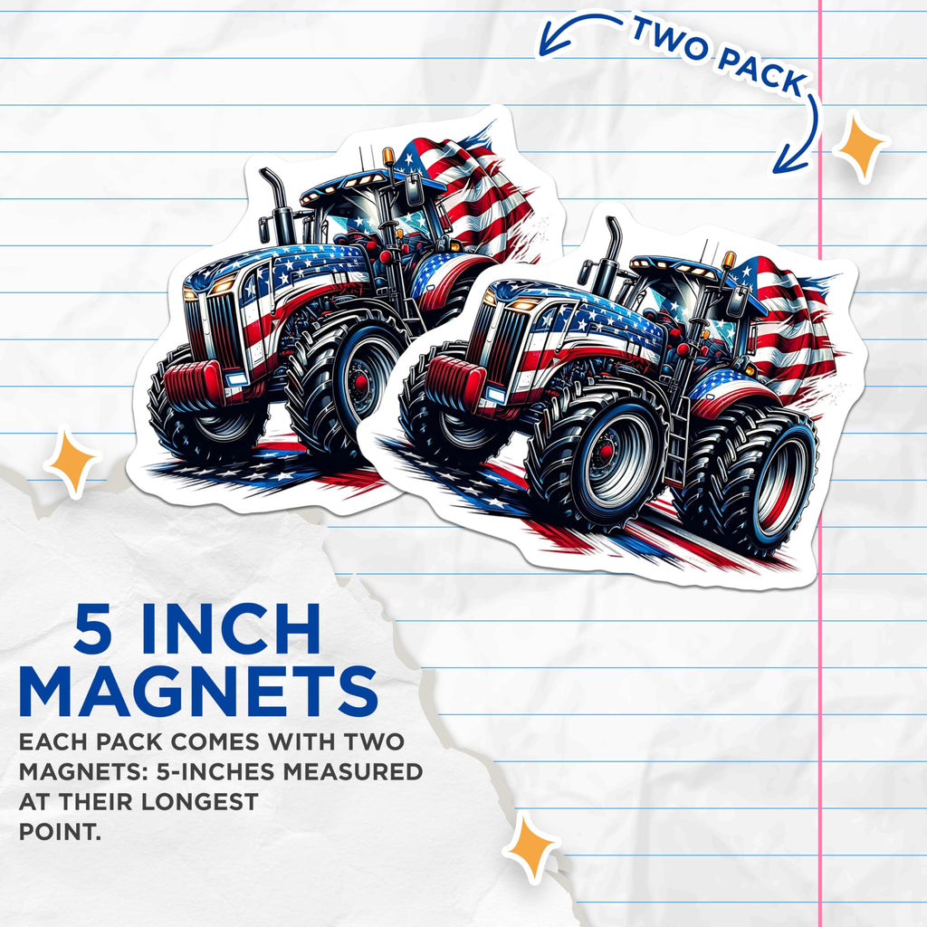 (2 Pack) Tractor Magnets - American Flag Art - Patriotic Fridge Decor - 5" On Longest Side - Premium Magnet - for Cars, Refrigerators, Toolboxes, Lockers - Made in USA - MAG14505