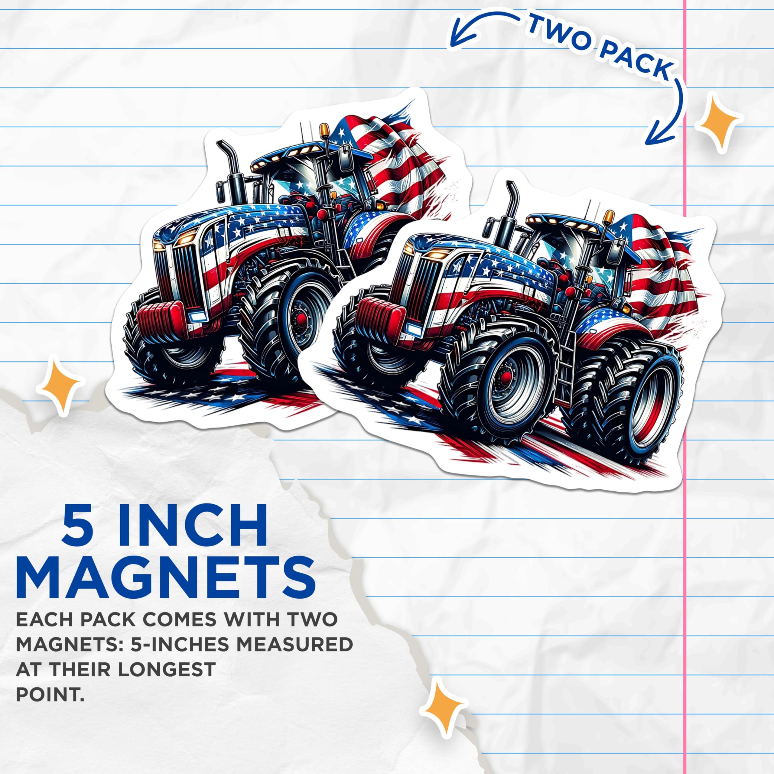 (2 Pack) Tractor Magnets - American Flag Art - Patriotic Fridge Decor - 5" On Longest Side - Premium Magnet - for Cars, Refrigerators, Toolboxes, Lockers - Made in USA - MAG14505