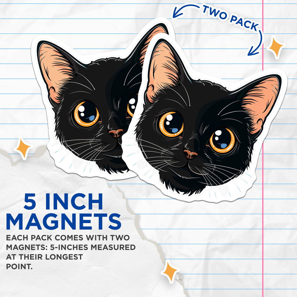 (2 Pack) Black Cat Magnets - Cute Kawaii Kitten Face Decor - Pet Lover Fridge Locker Whiteboard Magnets for Cat Owners - 5 Inches On Longest Side - Thick Durable Magnet - Made in USA - MAG39346
