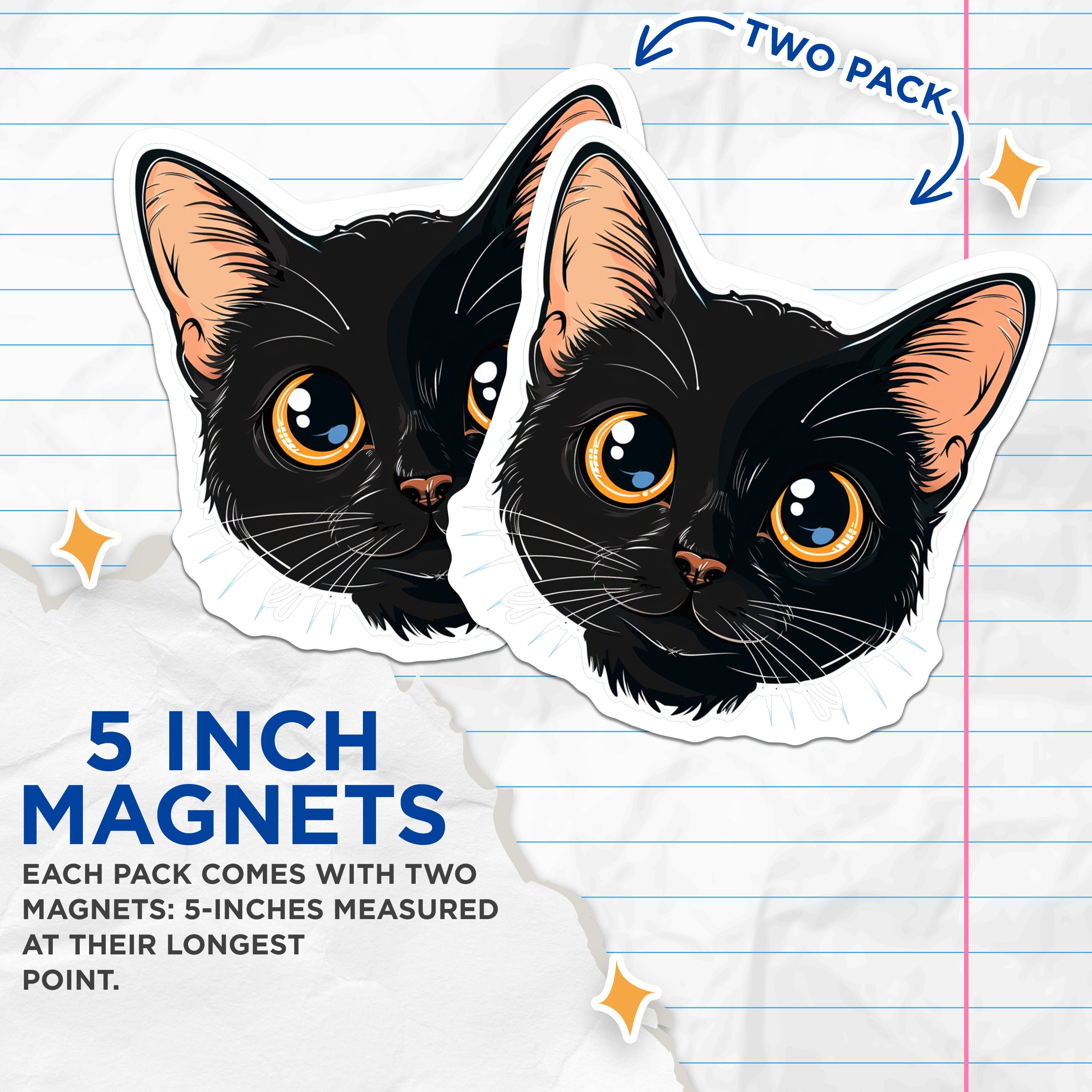 (2 Pack) Black Cat Magnets - Cute Kawaii Kitten Face Decor - Pet Lover Fridge Locker Whiteboard Magnets for Cat Owners - 5 Inches On Longest Side - Thick Durable Magnet - Made in USA - MAG39346