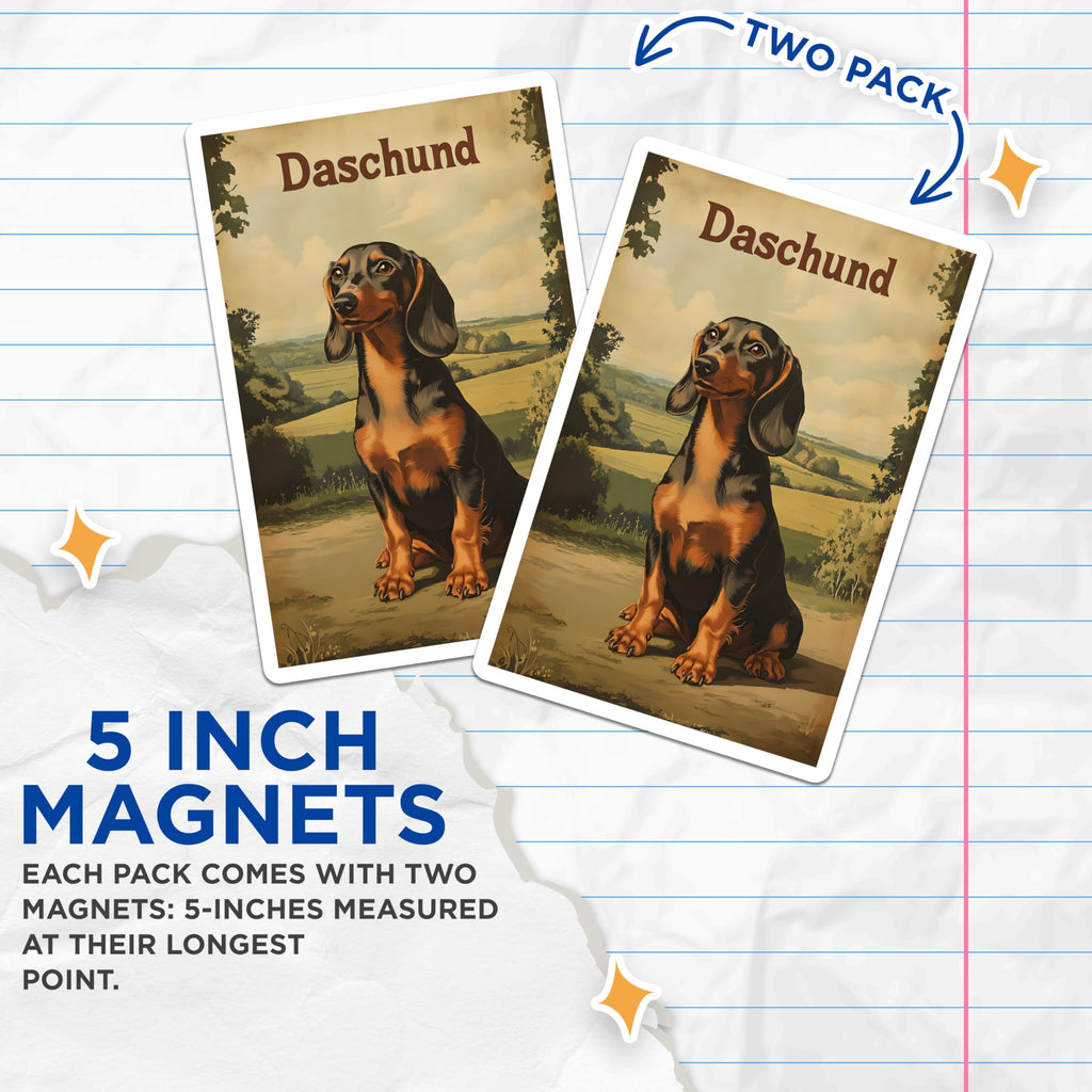 (2 Pack) Dachshund Magnets - Charming Wiener Dog Artwork - Retro Dog Breed Countryside Farmhouse Refrigerator Decor - 5 Inches On Longest Side - Thick Durable Magnet - Made in USA - MAG22148
