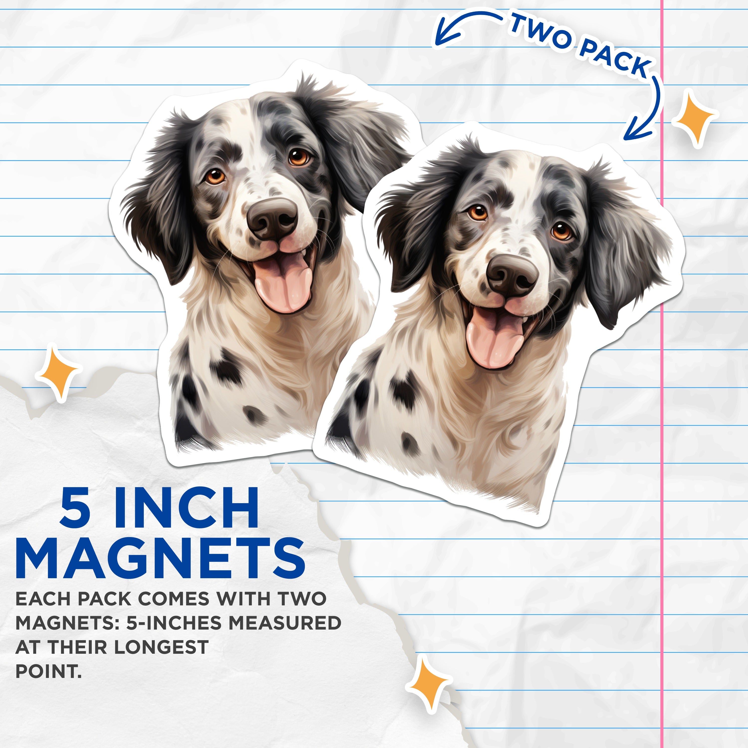 (2 Pack) Happy Dog Magnets - Spotted Canine Art - Dog Lover Kitchen Decor - 5 Inches On Longest Side - Thick Durable Magnet - Made in USA - MAG39250