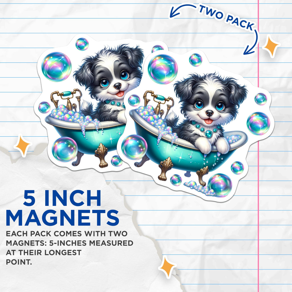 (2 Pack) Adorable Dog Design Magnet - Rainbow Bubbles Decor - 5" On Longest Side - Sticks to Smooth Flat Surfaces - Made in USA - MAG9427
