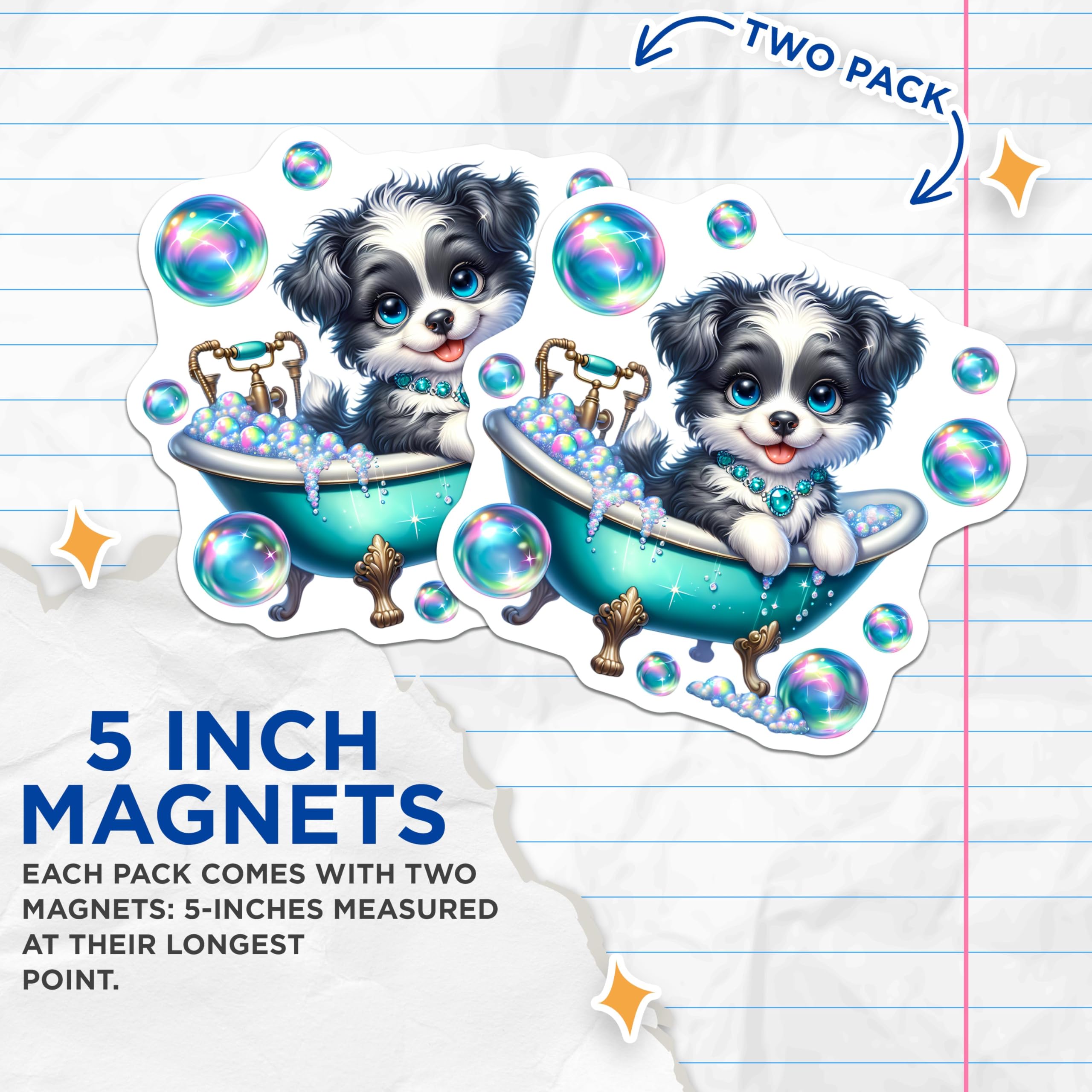 (2 Pack) Adorable Dog Design Magnet - Rainbow Bubbles Decor - 5" On Longest Side - Sticks to Smooth Flat Surfaces - Made in USA - MAG9427