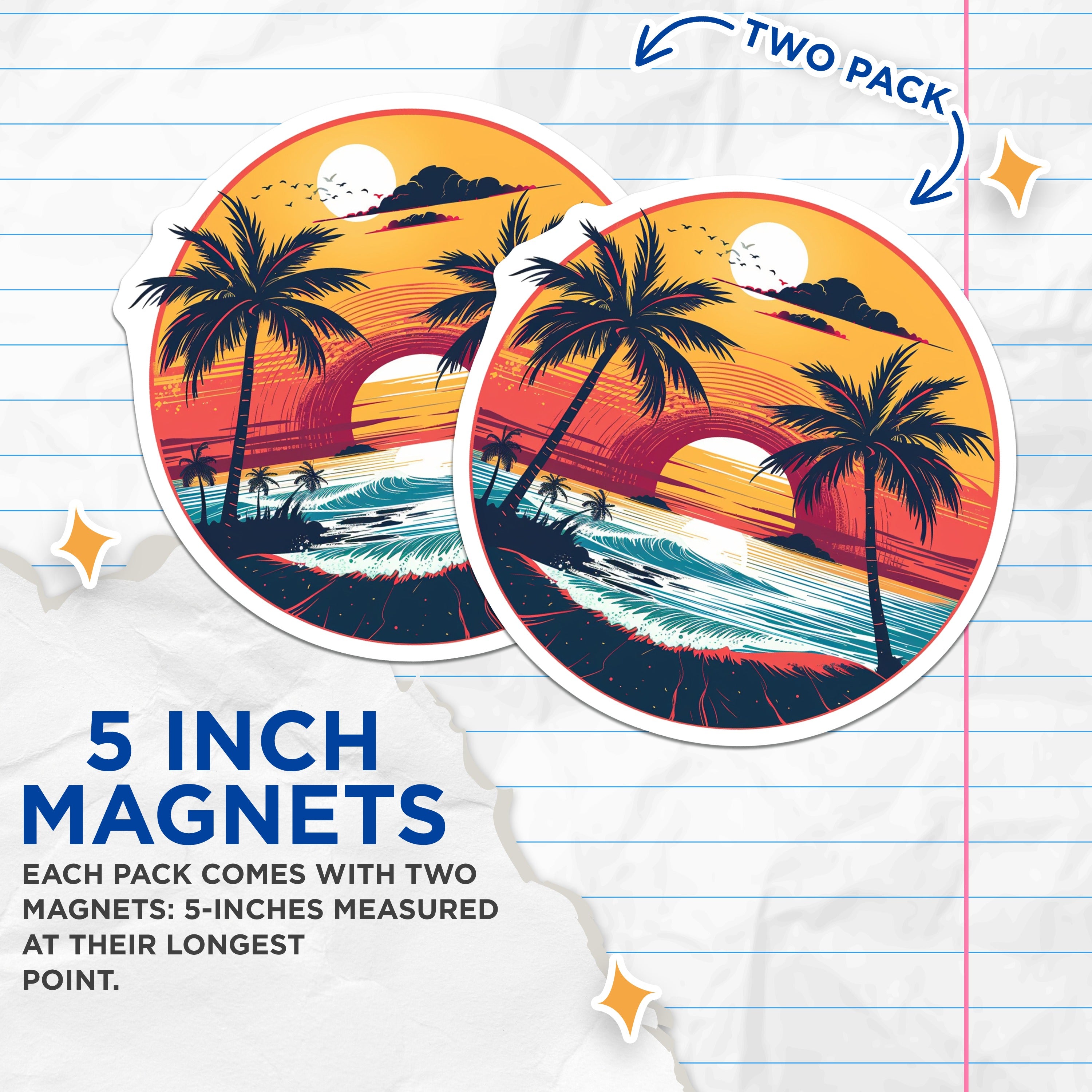 (2 Pack) Tropical Sunset Magnets - Palm Tree Beach Scene - Vintage Vacation Vibe Fridge Locker - 5 Inches On Longest Side - Thick Durable Magnet - Made in USA - MAG36283