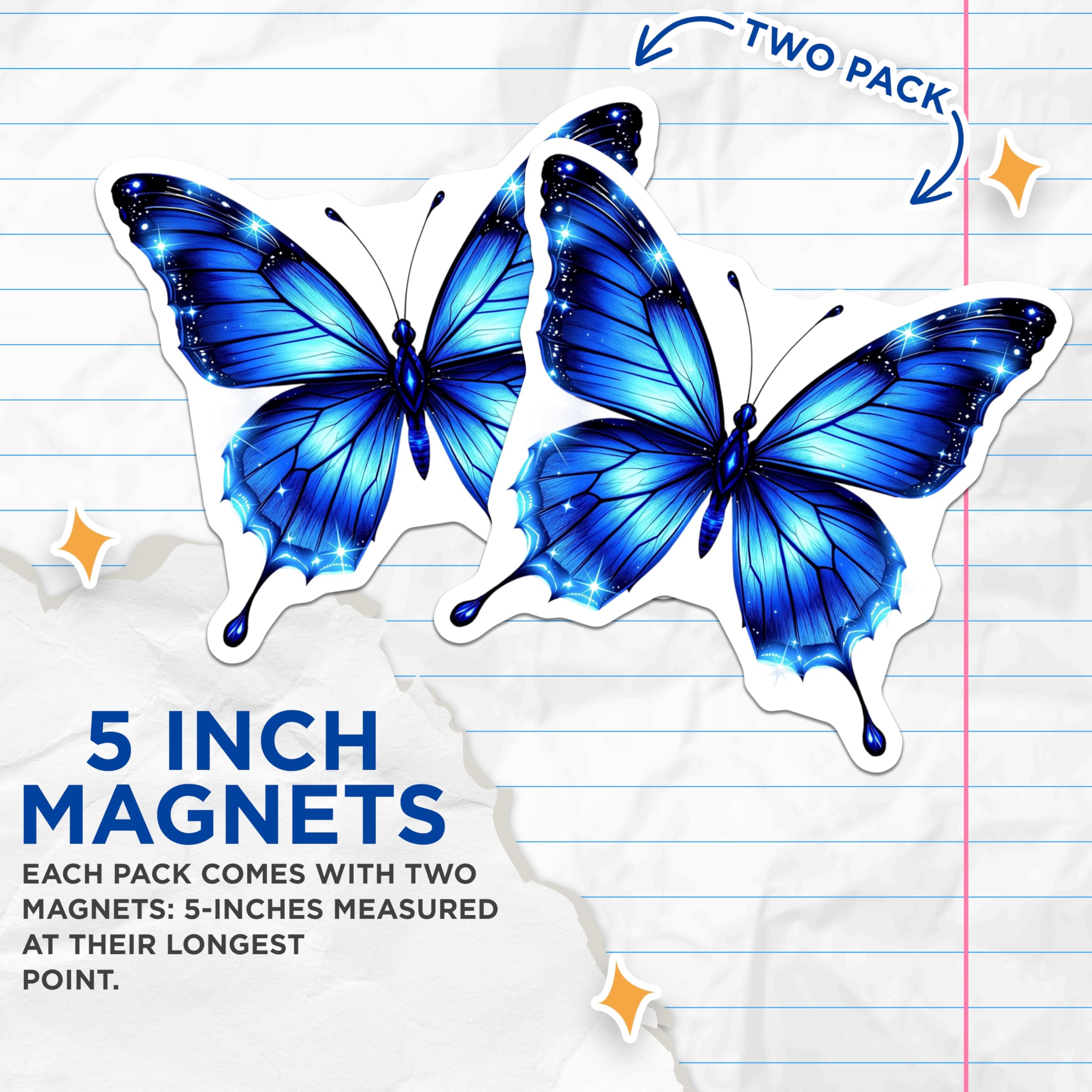 (2 Pack) Butterfly Magnets - Blue Butterfly Decor - Sparkly Butterfly Decoration - 5" On Longest Side - Premium Magnet - for Cars, Refrigerators, Toolboxes, Lockers - Made in USA - MAG14962