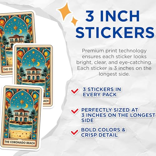 (3 Pack) Coronado Beach Decals - California Beach - Coastal Home Decor - 3 Inches On Longest Side - Easy Peel & Apply - Made in USA - 3MCS8705