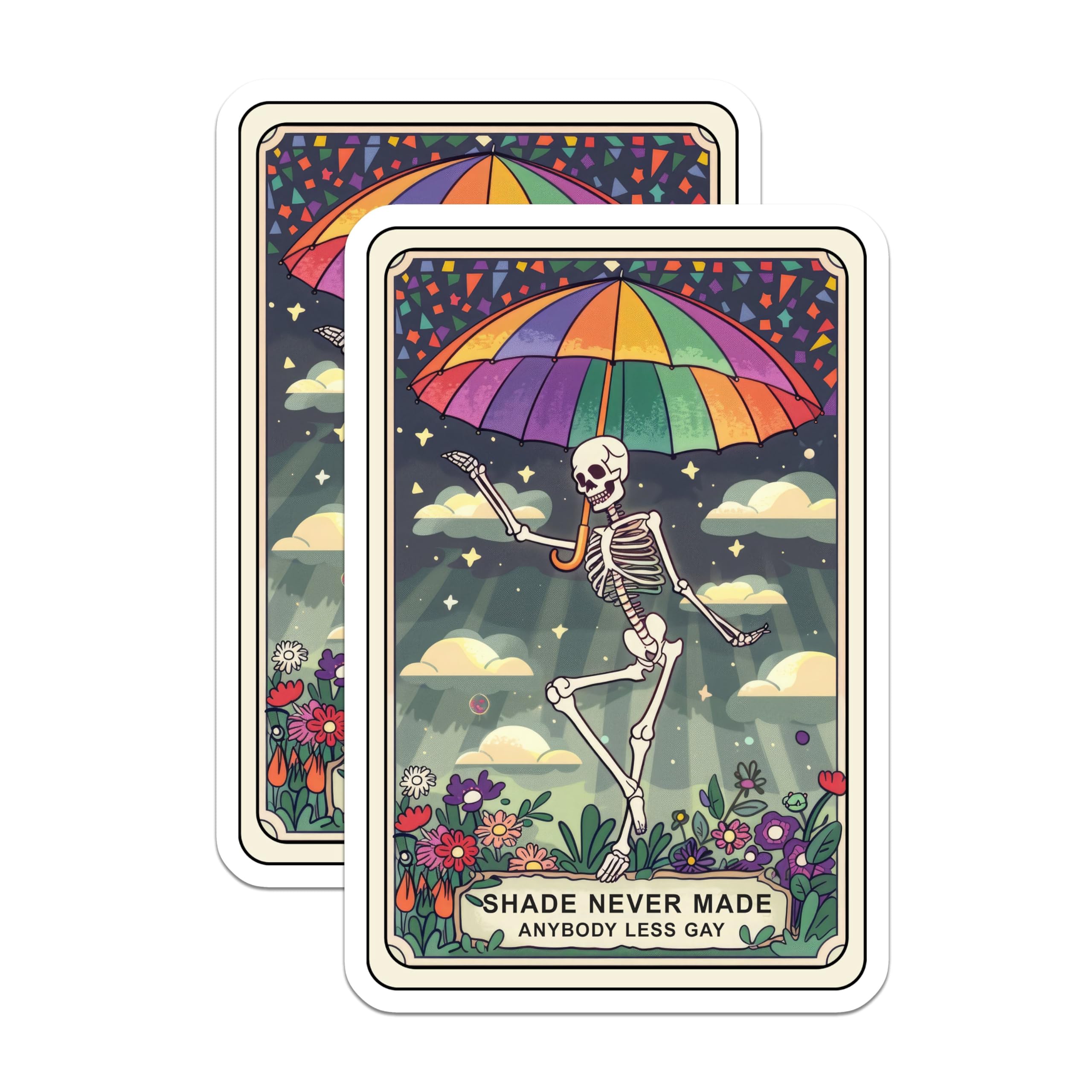(2 Pack) Shade Never Made Anybody Less Gay Stickers - LGBTQ Pride Stickers - Skeleton Holding Rainbow Umbrella Sticker - 5" On Longest Side - Sticks to Smooth Flat Surfaces - Made in USA - BMCS4399