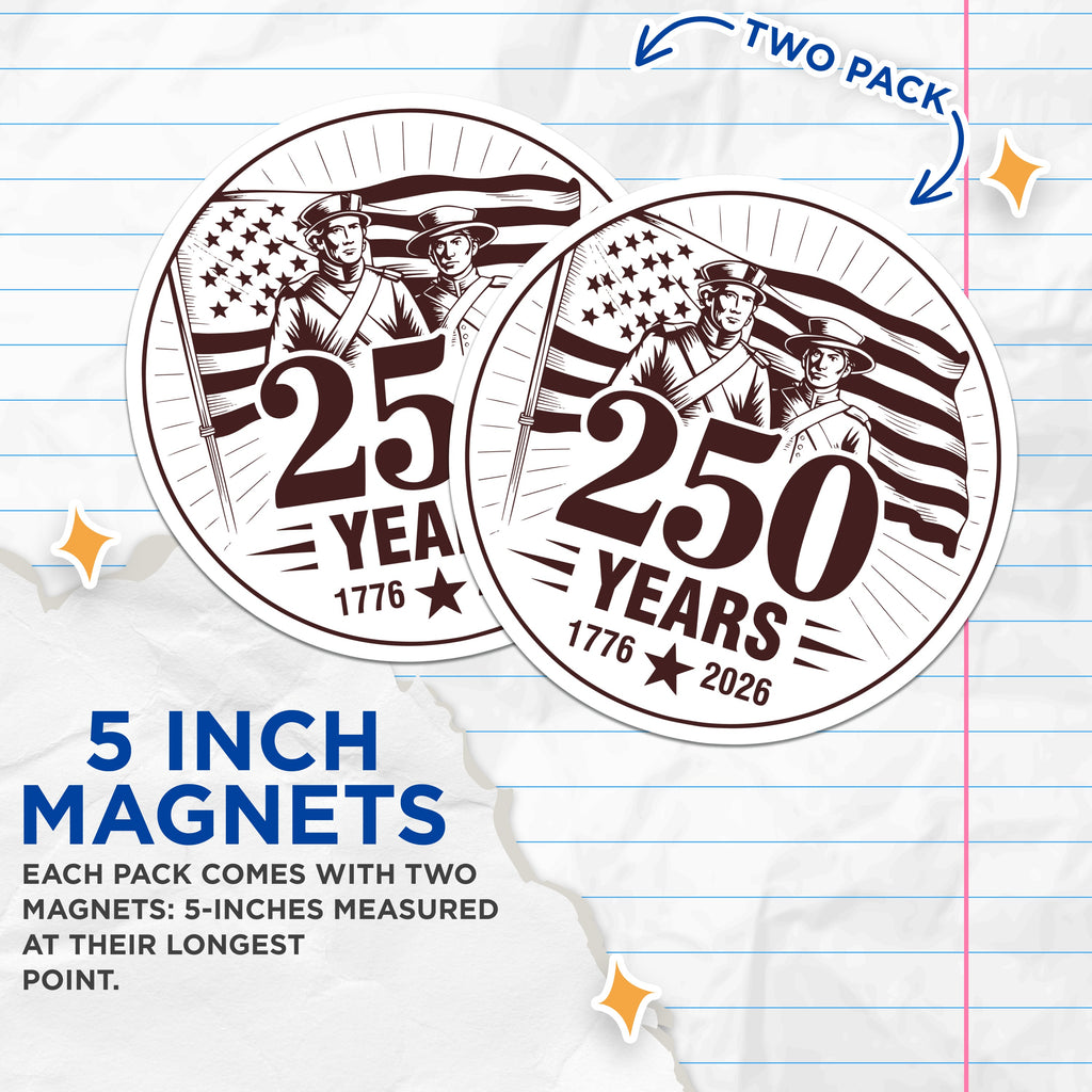 (2 Pack) USA 250 Years Magnets - American Revolution 1776 2026 - Patriotic History Semiquincentennial Decor - 5 Inches On Longest Side - Thick Durable Magnet - Made in USA - MAG36284