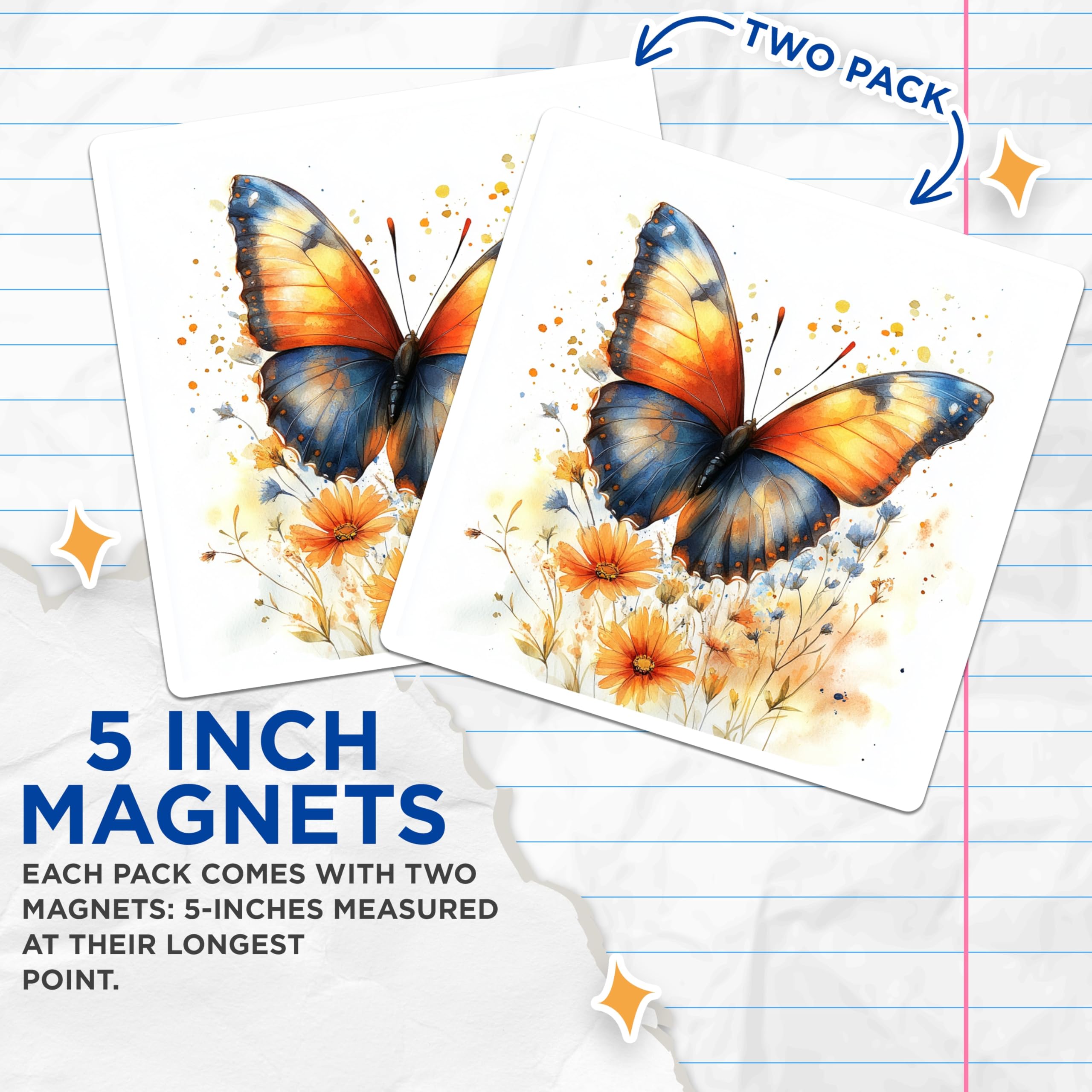 (2 Pack) Watercolor Butterfly Magnets - Spring Summer Decor - Fridge Locker Accents - 5 Inches On Longest Side - Thick Durable Magnet - Made in USA - MAG30544