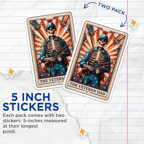 (2 Pack) Veteran Dad Stickers - Patriotic Skeleton Stickers - Military Dad Art Stickers - 5" On Longest Side - Sticks to Smooth Flat Surfaces - Made in USA - BMCS5515