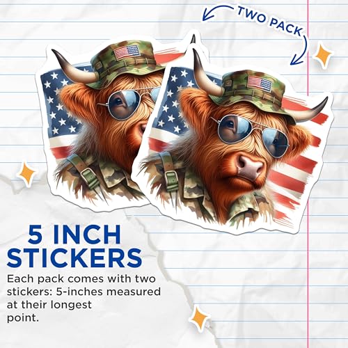(2 Pack) Military Highland Cow Stickers - American Flag - Cute Animal Stickers for Laptop and Water Bottle - 5" On Longest Side - Sticks to Smooth Flat Surfaces - Made in USA - BMCS6369