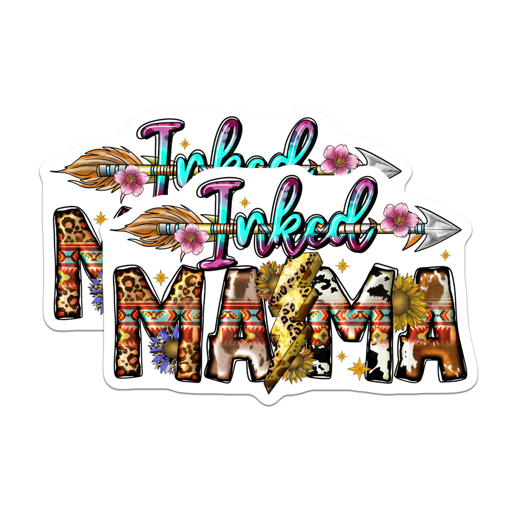 (2 Pack) Inked Mama Magnets - Boho Western Leopard Cowhide - Tattooed Mom Life Fridge Decor - 5 Inches On Longest Side - Thick Durable Magnet - Made in USA - MAG26104