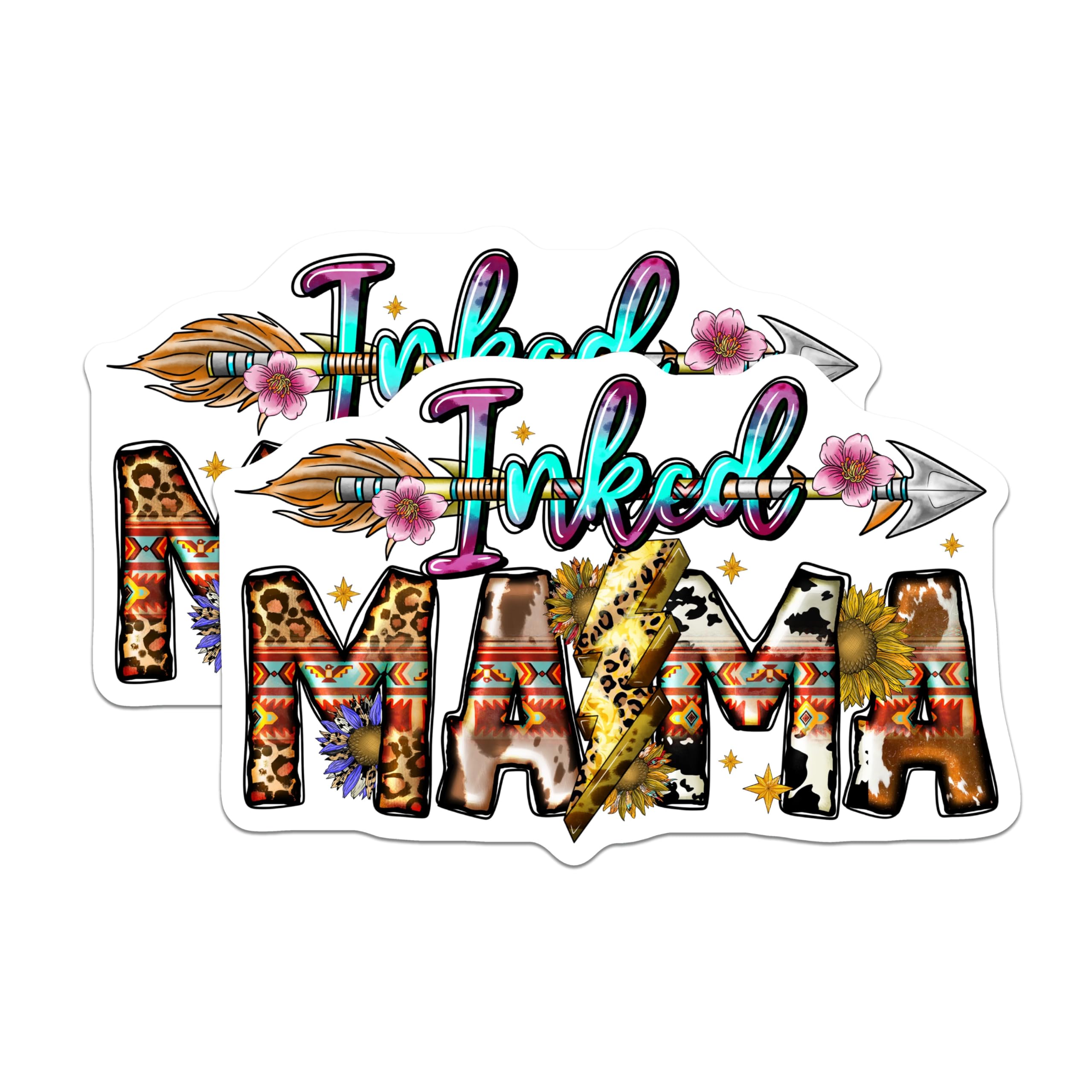 (2 Pack) Inked Mama Magnets - Boho Western Leopard Cowhide - Tattooed Mom Life Fridge Decor - 5 Inches On Longest Side - Thick Durable Magnet - Made in USA - MAG26104