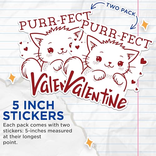 (2 Pack) Cute Cat Valentine Stickers - Purr-FECT Valentine Heart Stickers - Adorable Cat Love Stickers - 5" On Longest Side - Sticks to Any Smooth Flat Surface - Made in USA - BMCS2879