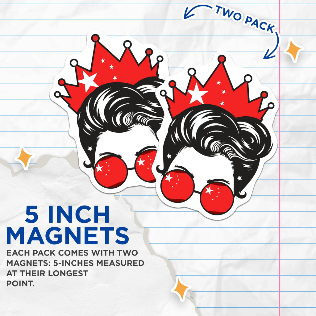 (2 Pack) Messy Bun Magnets - Red Crown - Star Glasses Cute Stickers - 5" On Longest Side - Premium Magnet - for Cars, Refrigerators, Toolboxes, Lockers - Made in USA - MAG18885