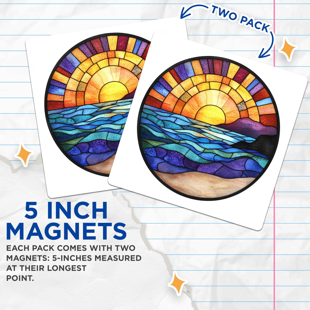 (2 Pack) Stained Glass Sunset Magnets - Ocean Horizon Art - Beach Decor Aesthetic - 5 Inches On Longest Side - Thick Durable Magnet - Made in USA - MAG27357