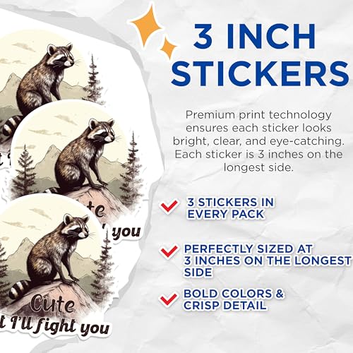 (3 Pack) Raccoon Decals - Cute But I'll Fight You - Laptop Decals - 3 Inches On Longest Side - Easy Peel & Apply - Made in USA - 3MCS1331