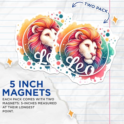 (2 Pack) Leo Zodiac Sign Magnets - Astrological Gifts - Colorful Lion Magnets - 5" On Longest Side - for Cars, Fridges, Toolboxes - Made in USA - MAG6719