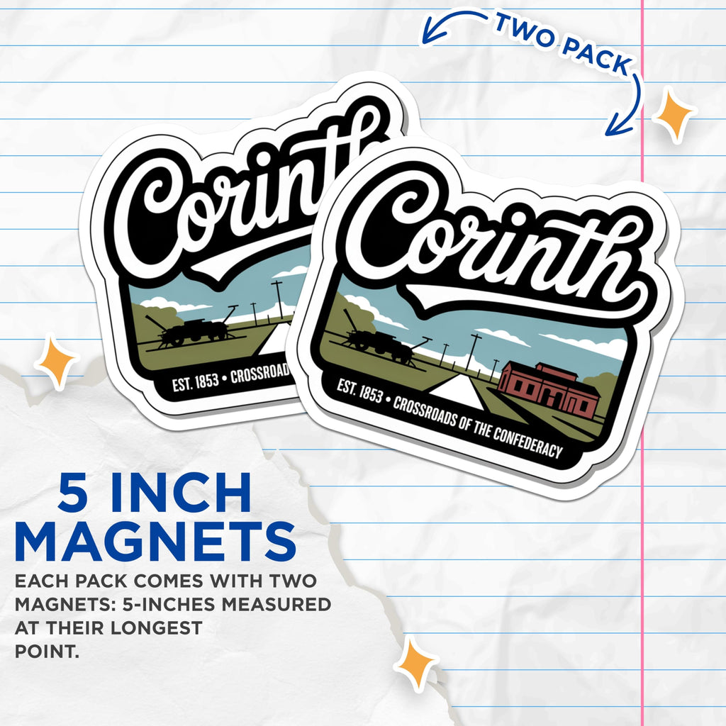(2 Pack) Corinth Mississippi Magnets - Travel Souvenir Fridge Magnets - Mississippi Decor - 5" On Longest Side - Premium Magnet - for Cars, Refrigerators, Toolboxes, Lockers - Made in USA - MAG17578