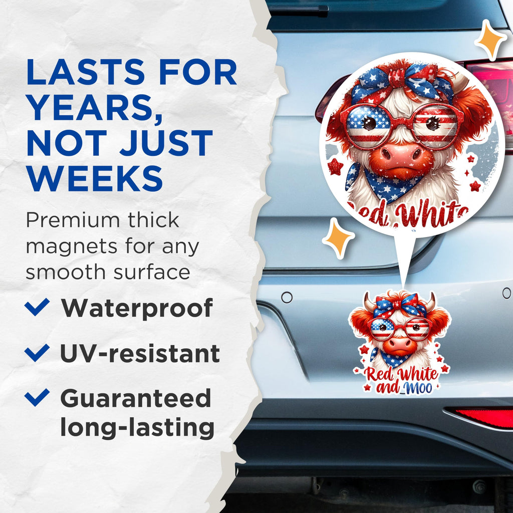 (2 Pack) Red White and Moo Magnets - Cute Cow Magnets - Patriotic Magnets July 4th - American Pride Kitchen Decor- 5" On Longest Side - for Fridges, Toolboxes, Cars - Made in USA - MAG2718