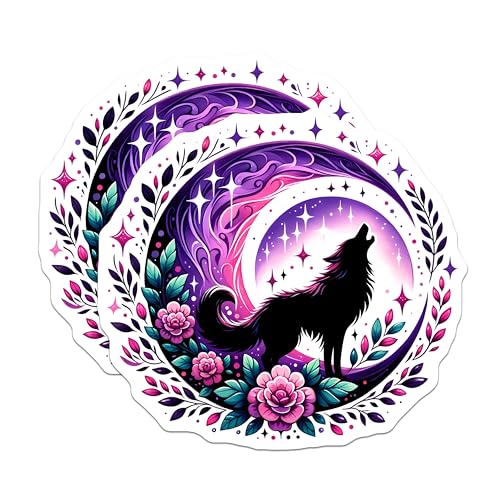 (2 Pack) Cosmic Wolf Howling Stickers - Mystical Moon Art - Fantasy Spirit Animal Decals - 5" On Longest Side - Sticks to Smooth Flat Surfaces - Made in USA - BMCS8069